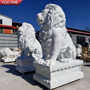 Statua di <span class=keywords><strong>leone</strong></span> guardiano classica YOUFINE per esterni, coppia a grandezza naturale in marmo bianco con basi - Product Image 5