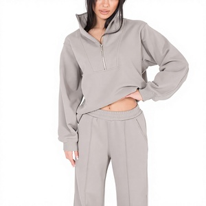 Venta al por mayor directa de fábrica, servicio OEM, logotipo personalizado, sudadera de media cremallera para mujer de 320 GSM 100% algodón y pantalones holgados de pierna ancha. - Product Image 6