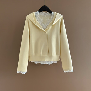 Conjunto de 3 Piezas de Moda de Alta Gama para Mujer, Sudadera Corta con Capucha, Chaleco de Encaje y Pantalones Anchos, para Primavera y Otoño - Product Image 3
