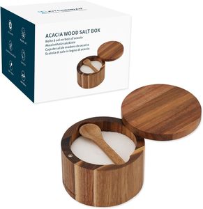 Salero de Madera de Acacia con Cuchara Integrada, Contenedor de Sal para Cocina con Tapa Magnética Giratoria - Product Image 1