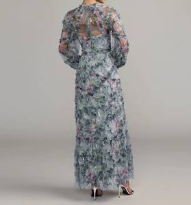 Vestido Maxi Azul Floral con Cuello Redondo y Mangas Farol, con Volantes, Tejido Ecológico, Estampado Digital, Lavable, Antiestático, Servicio OEM - Product Image 3