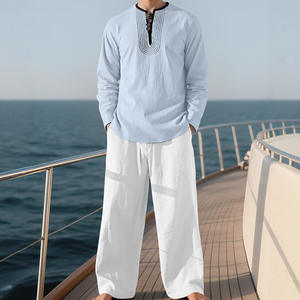 Ensemble chemise et pantalon décontractés en lin pour hommes, manches longues, amples, respirants, pour usage quotidien, blanc et bleu, tenue longue pour la plage - Product Image 2