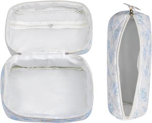 Tas kosmetik pola bunga biru kustom 3 Set tas peralatan mandi penyimpanan Makeup Floral biru <span class=keywords><strong>Travel</strong></span> besar tas kosmetik berlapis kapas