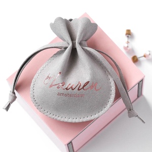 PandaSew Gray Custom Logo Luxury Microfiber Jewelry Pouch for Rings Necklace Earrings Drawstring Bag - Product Image 5