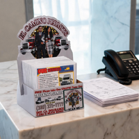 Support de brochure publicitaire en carton imprimé en couleur personnalisé pour entreprise de logistique, présentoir de salon professionnel, porte-documents de table