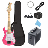 Travel Electric Guitar for Kids Blue 30 Inch Maple Neck Solid Wood Body 6 Strings Glossy Finish 5 Digital Amplifier