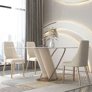 Table de salle à manger luxueuse en acier inoxydable, style glamour, café, finition or, base tulipe, marbre, 8 places, chaise prince