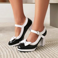 Chaussures à talon moyen en cuir verni pour femme, avec nœud, style princesse, pour la danse, à bride unique avec boucle, rétro, pour cosplay et danse swing
