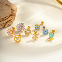 Boucles d'oreilles Maina en acier inoxydable chirurgical pour tragus, motif fleur et papillon, avec zircon, clous d'oreilles à boule filetée pour piercing du cartilage