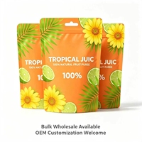 Sachets Doypack Orange Vif en Gros avec Imprimés Floraux Tropicaux et Agrumes pour l'Emballage de Purée de Fruits et Jus en Général