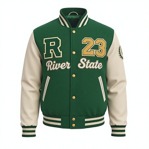 Plus Size Men's Varsity Jacket Green Cream Appliques 23 Preppy Style Winter Waterproof Sheep <b>Fur</b> - Product Image 1
