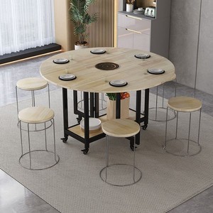 Oak <b>Round</b> Folding <b>Dining</b> <b>Table</b> With Induction Cooker And Turntable Extendable Solid Wood Multi Functional For <b>Small</b> Apartments - Product Image 2