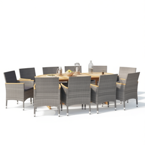 Ensemble de salle à manger de jardin en rotin gris foncé 8 places, mobilier d'extérieur en teck avec structure en aluminium, design contemporain - Product Image 1