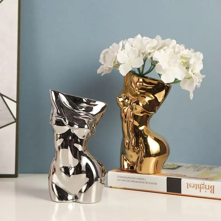 Vase en céramique léger de luxe créatif nordique Vase à fesses or blanc en céramique pour femmes corps pointu Vasen blouse nouveau Vase à fesses 2021