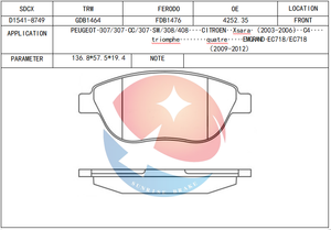 SDCX D1541-8749 / 425222 / 1611140780 / 425492 / SP2073 / GDB1464 / FDB1476 plaquette de frein pour Abarth 500C / C-QUATRE <span class=keywords><strong>XSARA</strong></span> / LINEA - Product Image 2