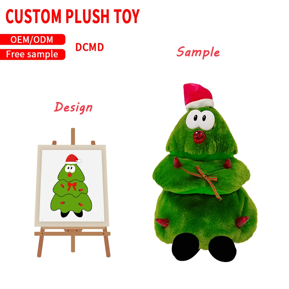 Échantillon gratuit de jouets électroniques en peluche de haute qualité personnalisés en usine dansant et parlant des arbres de Noël en peluche