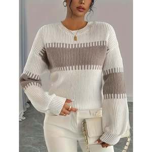 Pull rayé à épaules tombantes à manches longues blanc abricot pour femmes - Product Image 5