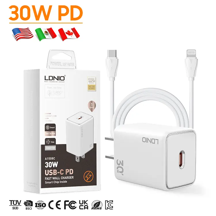 LDNIO A1508C Custom 20W 30W Type-C Power Charger Adapter Phone USB Type C Charger Fast Wall Charging for iPhone 12 13 14 Pro