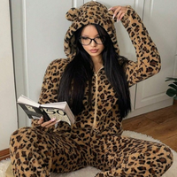 En gros, Combinaison intégrale en peluche pour femme, hiver, élégante, respirante, douce et chaude, motif léopard, avec capuche oreilles d'ours, mignonne