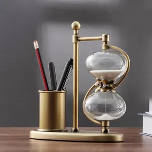 Creatieve Metalen Zandloper Timer Met Pen Houder Voor Office Desktop Decoratie Zand Klok