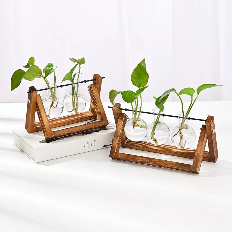 創造的な木製フレーム植物ガラス3-in-1花瓶小さな容器家の装飾テーブルの装飾