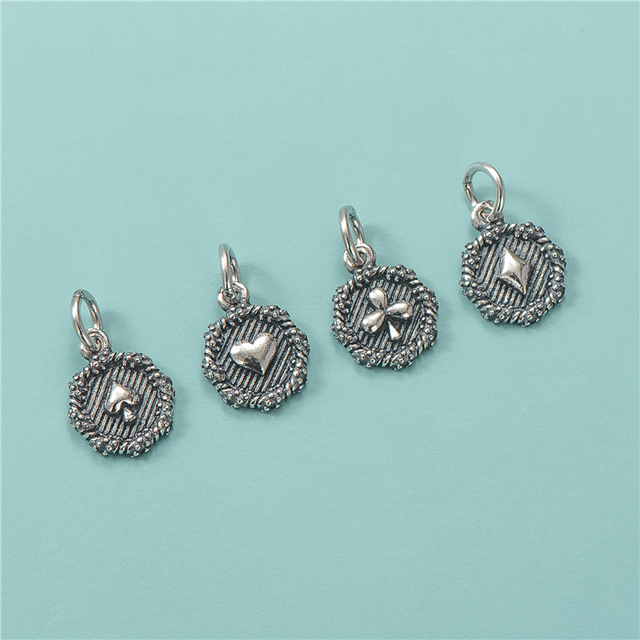 10.5mm Oxidized 925 Sterling Sliver Iced Playing Card Round Coin Pendant Charms for Necklace Jewelry Making