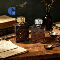 Flacon de parfum carré en verre de luxe GC pour hommes avec bouchon métallique torsadé côtelé, revêtement marbré effet goutte d'eau, flacon de parfum vide
