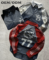 Chemise Raglan en Denim 100% Coton Délavé Personnalisé, Style Rétro Patchwork Streetwear Colorblock, Manches Rayées à Boutons et Lettres