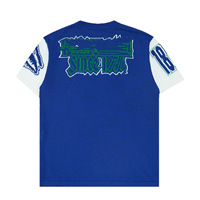 T-shirt haut de gamme personnalisé en coton peigné tricoté, jacquard bleu et blanc, col rond, coupe ample, avec lettres et patchwork colorblock, manches courtes