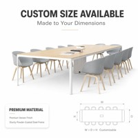 Table de conférence en placage de chêne avec pieds en métal blanc et panneau de sortie rabattable intégré pour bureau de réunion moderne et minimaliste