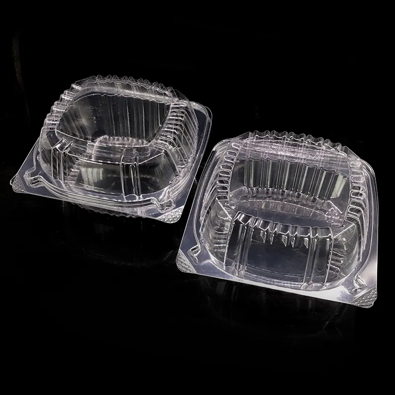 Clear plastic disposable food containers with hinged lids