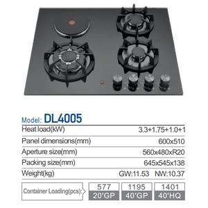 Table <span class=keywords><strong>de</strong></span> cuisson encastrable à gaz et électrique 4 feux (3 gaz, 1 vitrocéramique) avec allumage électrique à piles <span class=keywords><strong>pour</strong></span> usage domestique - Product Image 6
