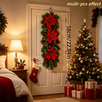 Guirlande de Noël réaliste en velours nordique avec poinsettia, 58 cm, pommes de pin suspendues, baies rouges, pour porte d'entrée, mur, fenêtre, cheminée