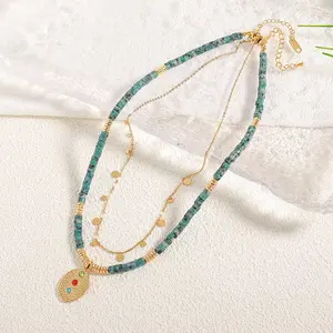 Nature turquoise Stone Beads Necklace 2 layer Choker for women best gifts