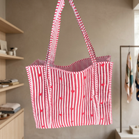 Tas Tote Kain Katun Ringan Warna Solid Merah Putih Gaya Bohemian Hati dengan Ritsleting Desain Berlapis Luas untuk Penggunaan Sehari-hari