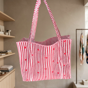 Bolsa de Mano de Algodón a Rayas Rojas y Blancas con Corazón, Estilo Bohemio, Abierta, Bolsa de Compras, Bolsos de Mano Acolchados de Algodón, Bolsos de Mano Indios - Product Image 1