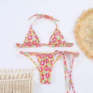 Ensemble bikini 2 pièces pour femme, imprimé floral, triangle, dos noué, bretelles croisées, coupe coquine, pour les vacances d'été à la plage - Product Image 3