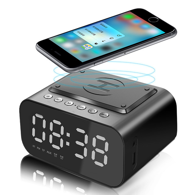 Electronic Creative Mobile Phone Wireless Charging Blue Tooth Speaker LED Digital Mirror Alarm Clock with FM Radio TF Card