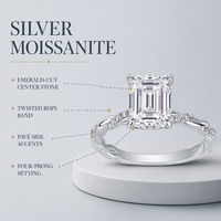 Bague de fiançailles en moissanite pour femme, en argent sterling 925, taille émeraude, avec accent latéral pavé torsadé et quatre griffes