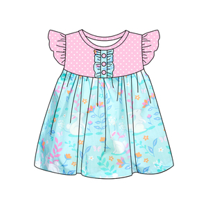 เดรส GSD3009แขนบินพิมพ์ลายกระต่ายดอกไม้สีฟ้าสำหรับเด็กผู้หญิงชุดอีสเตอร์ออกแบบได้ตามต้องการฤดูร้อน - Product Image 1