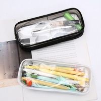 Organisateur de maquillage et de toilette simple et transparent avec fermeture éclair |   Trousse à crayons étanche en PVC couleur unie noir et blanc pour étudiants transfrontaliers