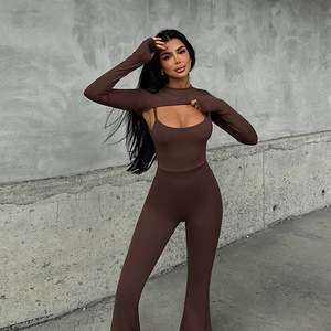 Conjunto de Dos Piezas Rojo para Mujer, Mono de Manga Larga con Espalda Descubierta y Cintura Alta, Ropa de Club, Color Sólido, Tela Elástica - Product Image 3