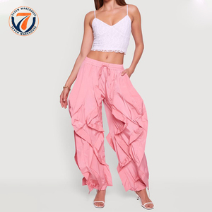 מכנסיים נשיים בהתאמה אישית, עם קפלים, גזרה לא סימטרית, מותן אלסטי עם שרוך, פוליאסטר, גזרה רחבה, נוחים, מכנסיים קז'ואל - Product Image 1