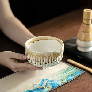 Traditional Matcha Ceremony Tool 8 Pcs Matcha White Turquoise Gradient Drizzle Textured Ceramic Bowl With Spout Matcha <b>Tea</b> <b>Set</b> - Product Image 2