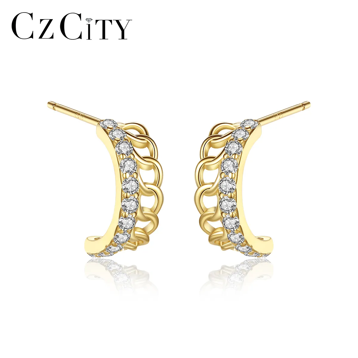 CZCITY semplice 925 moda orecchini alla moda placcato in oro 14K donna orecchini a cerchio in argento Sterling Zirconia