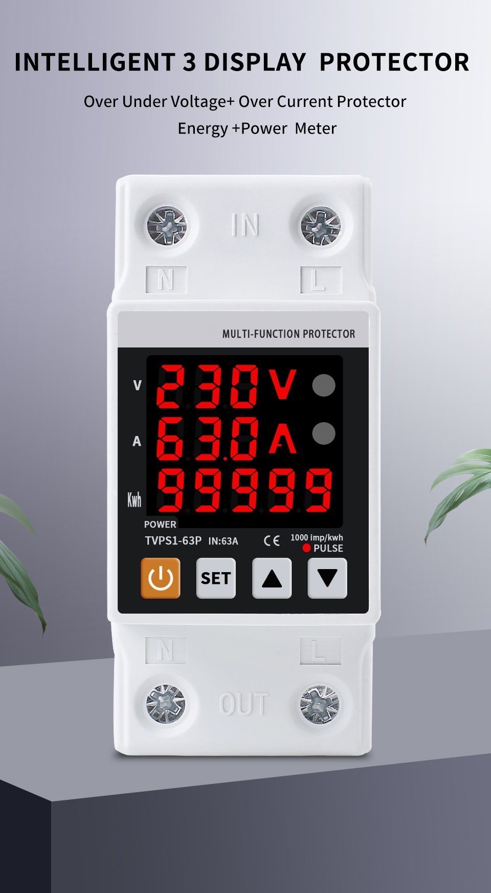 WSPIHO 3 Phasen Spannungsschutz 230V 63A, Automatischer Umschalter mit 5-stellige LED-Anzeige,Überspannungs Überstromschutz für Home Generator Netzwechselrichter Outdoor