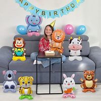 8 ballons en feuille d'aluminium en forme d'animaux debout avec base - Lion, ours, vache, singe, koala, tigre, éléphant, lapin, thème de la faune de la jungle
