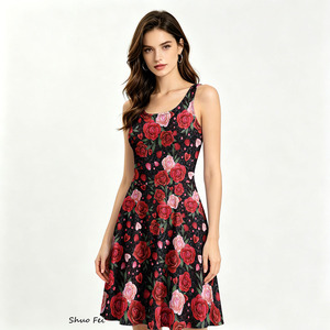 Abito da donna senza maniche con stampa digitale rosa e cuori, vestito estivo a trapezio con tasche laterali, dolce abito floreale per San Valentino - Product Image 1