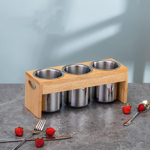 Portaposate in Acciaio Inox con Base in Legno, Organizzatore per Cucchiai, Coltelli e Forchette - Product Image 6
