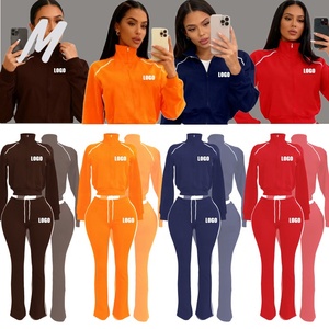 לוגו מותאם אישית כותנה חליפת בגדי סתיו בגדי נשים תלבושות בגדים מכנסיים סט נשים רוכסן עד ז 'קט ומכנסיים <span class=keywords><strong>2</strong></span> חלקים - Product Image 1